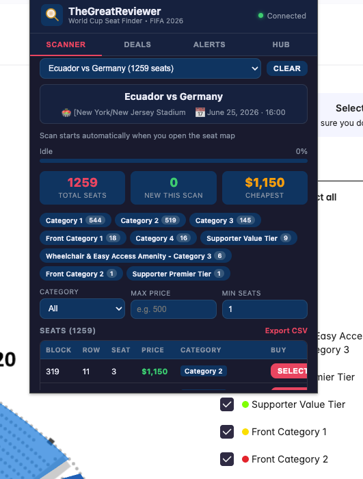 World Cup Seat Finder Chrome extension interface - FIFA 2026 ticket scanner showing cheap FIFA World Cup 2026 seat prices and availability